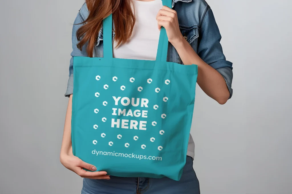 Woman Holding Teal Tote Bag Mockup Front View Template