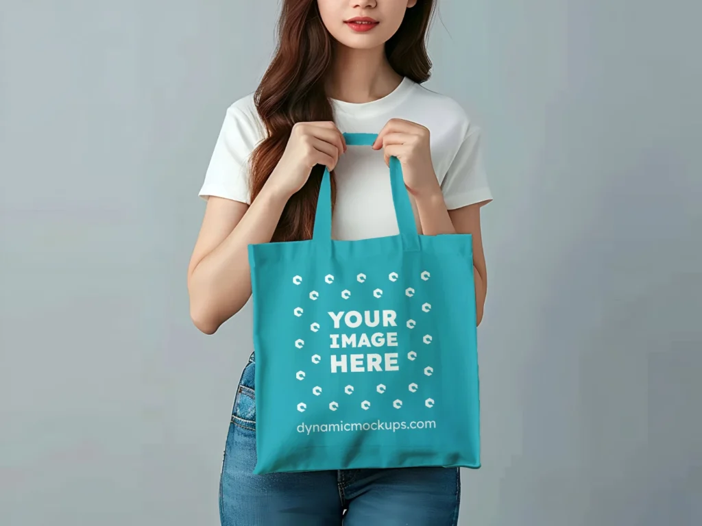 Woman Holding Teal Tote Bag Mockup Front View Template