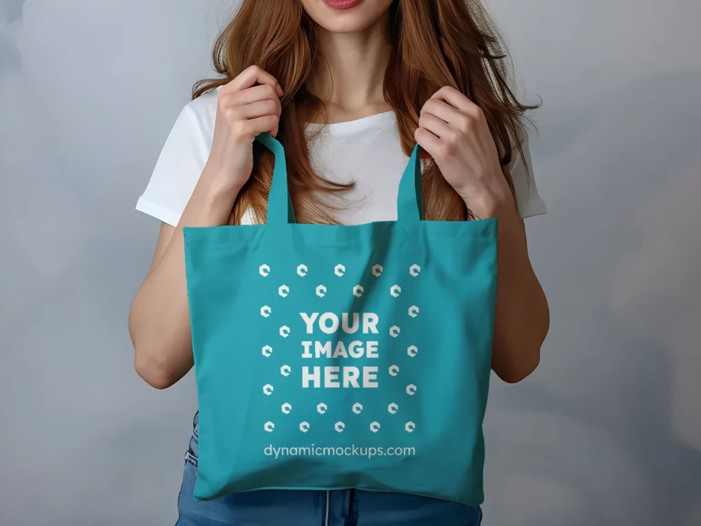 Woman Holding Teal Tote Bag Mockup Front View Template