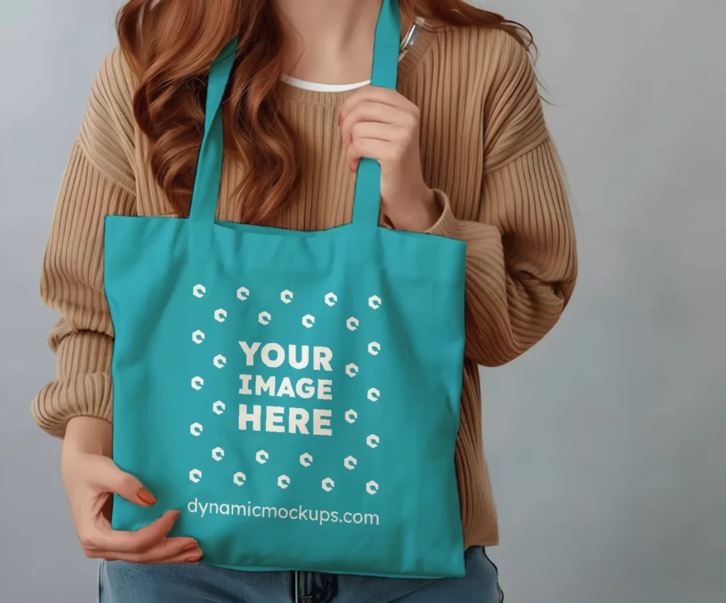 Woman Holding Teal Tote Bag Mockup Front View Template