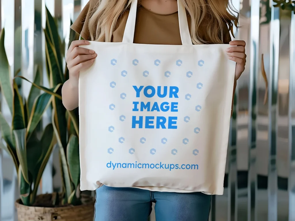 Woman Holding White Tote Bag Mockup Front View Template