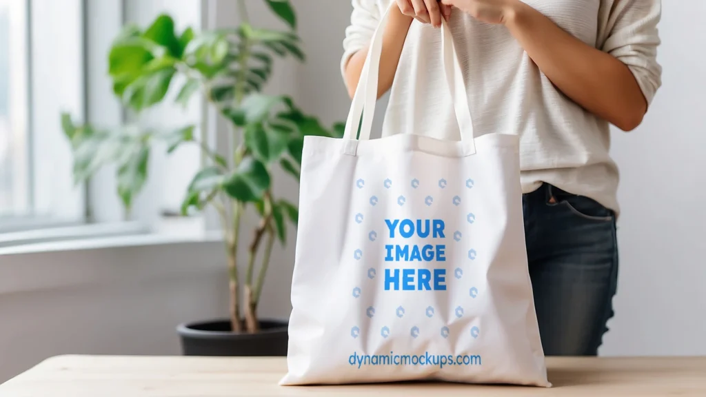 Woman Holding White Tote Bag Mockup Front View Template