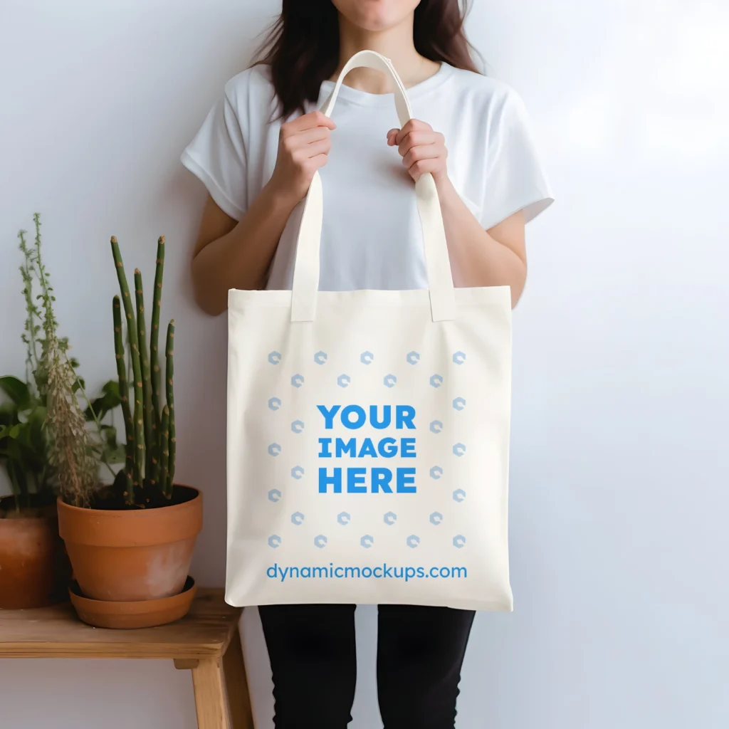 Woman Holding White Tote Bag Mockup Front View Template