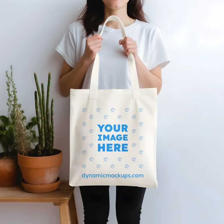 Woman Holding White Tote Bag Mockup Front View Template