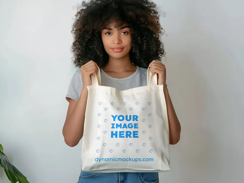 Woman Holding White Tote Bag Mockup Front View Template