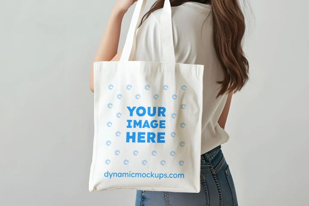 Woman Holding White Tote Bag Mockup Side View Template