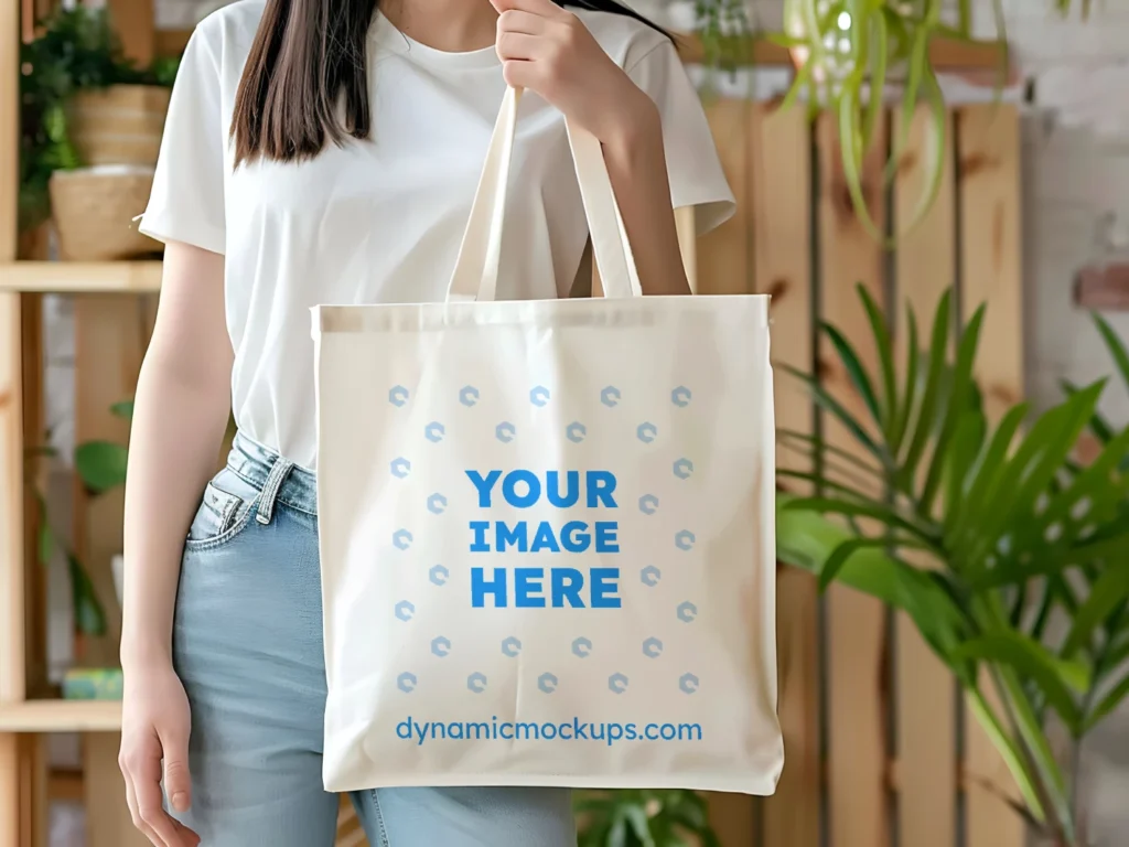 Woman Holding White Tote Bag Mockup Front View Template