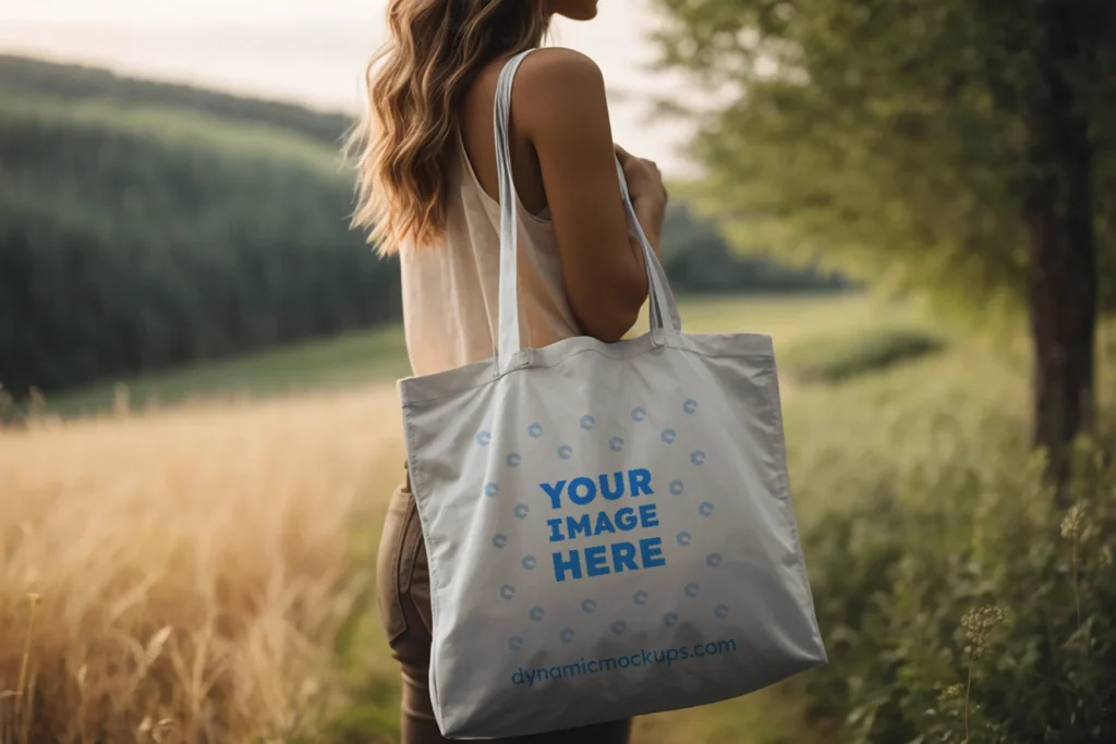 Woman Holding White Tote Bag Mockup Side View Template