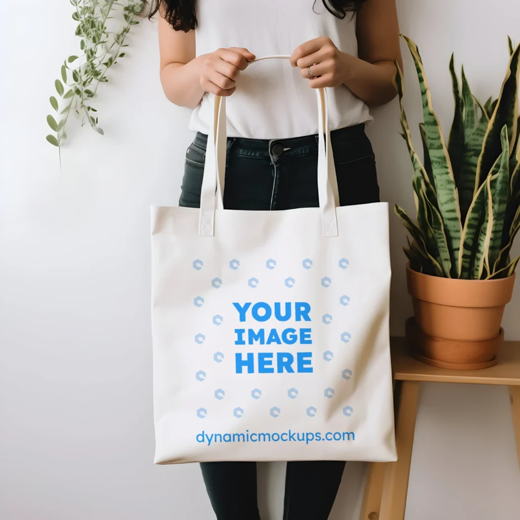 Woman Holding White Tote Bag Mockup Front View Template