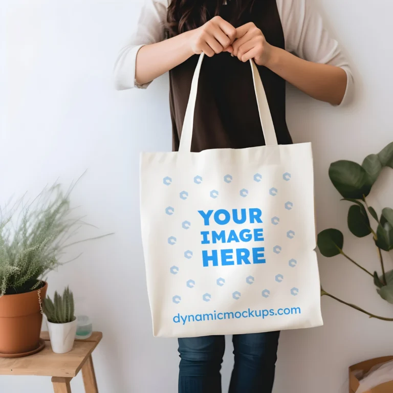 Woman Holding White Tote Bag Mockup Front View Template