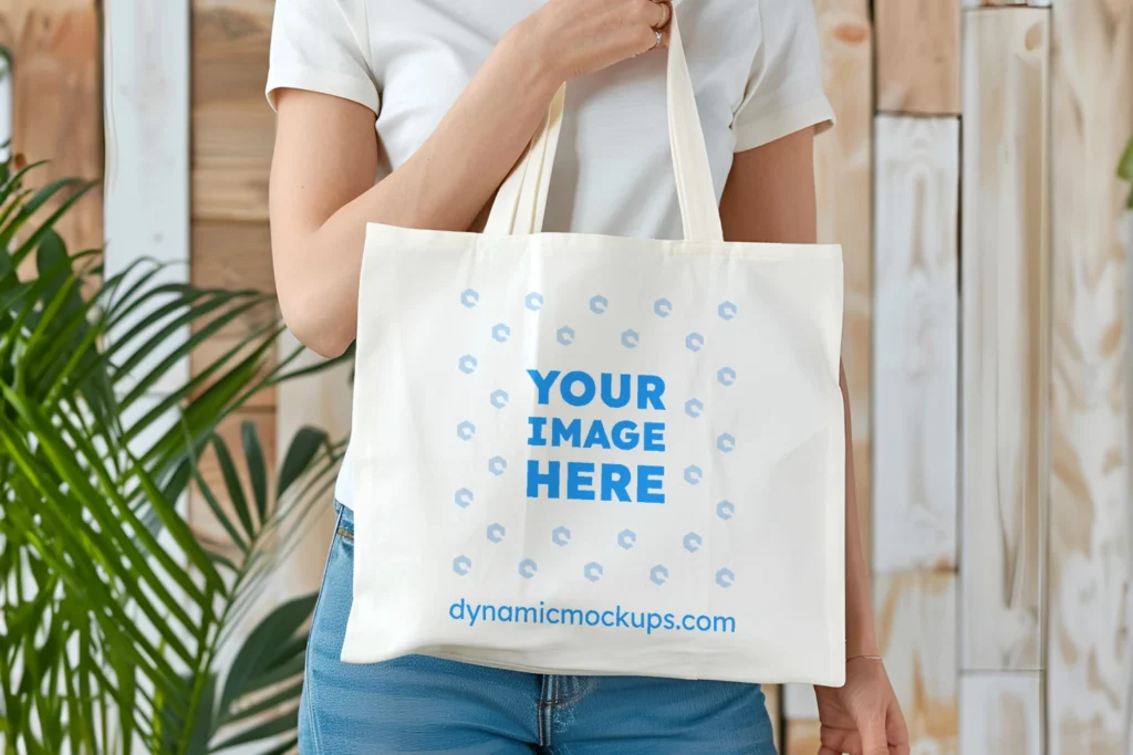 Woman Holding White Tote Bag Mockup Front View Template