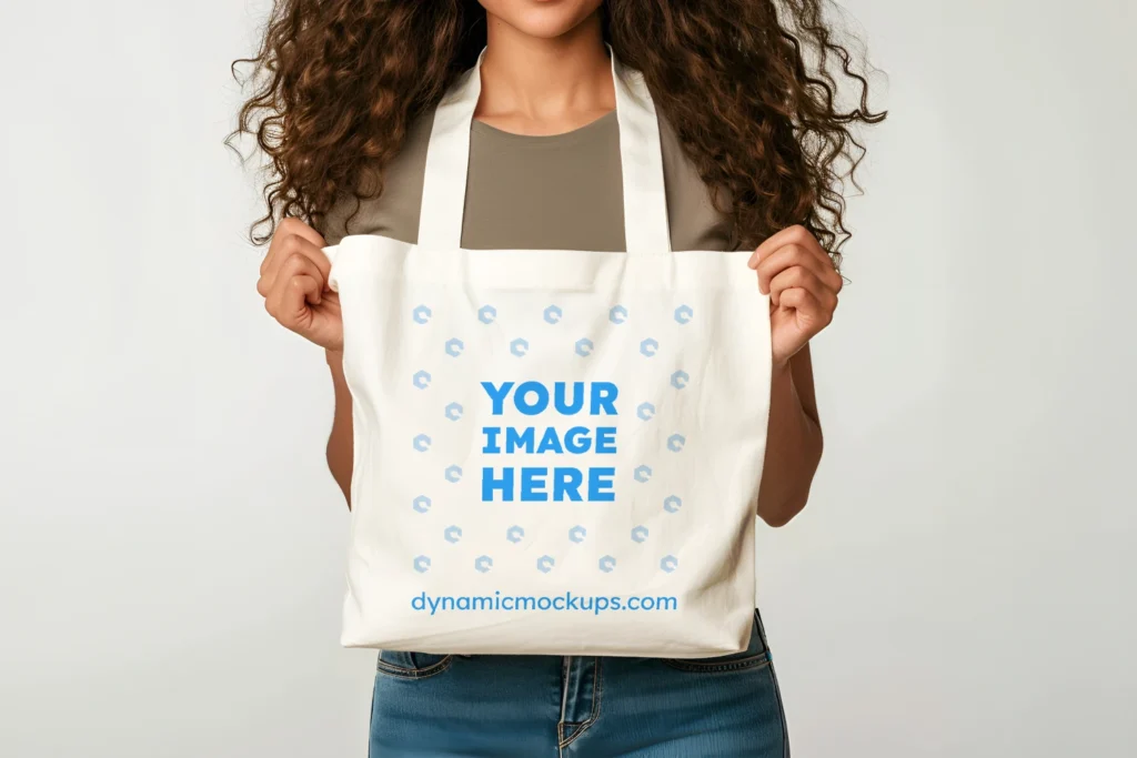 Woman Holding White Tote Bag Mockup Front View Template