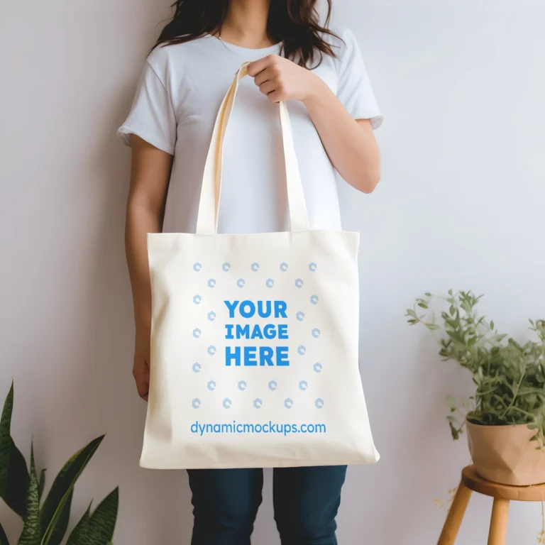 Woman Holding White Tote Bag Mockup Front View Template