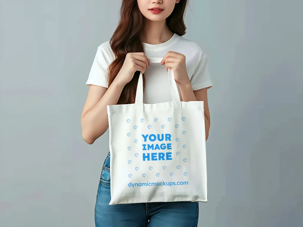 Woman Holding White Tote Bag Mockup Front View Template