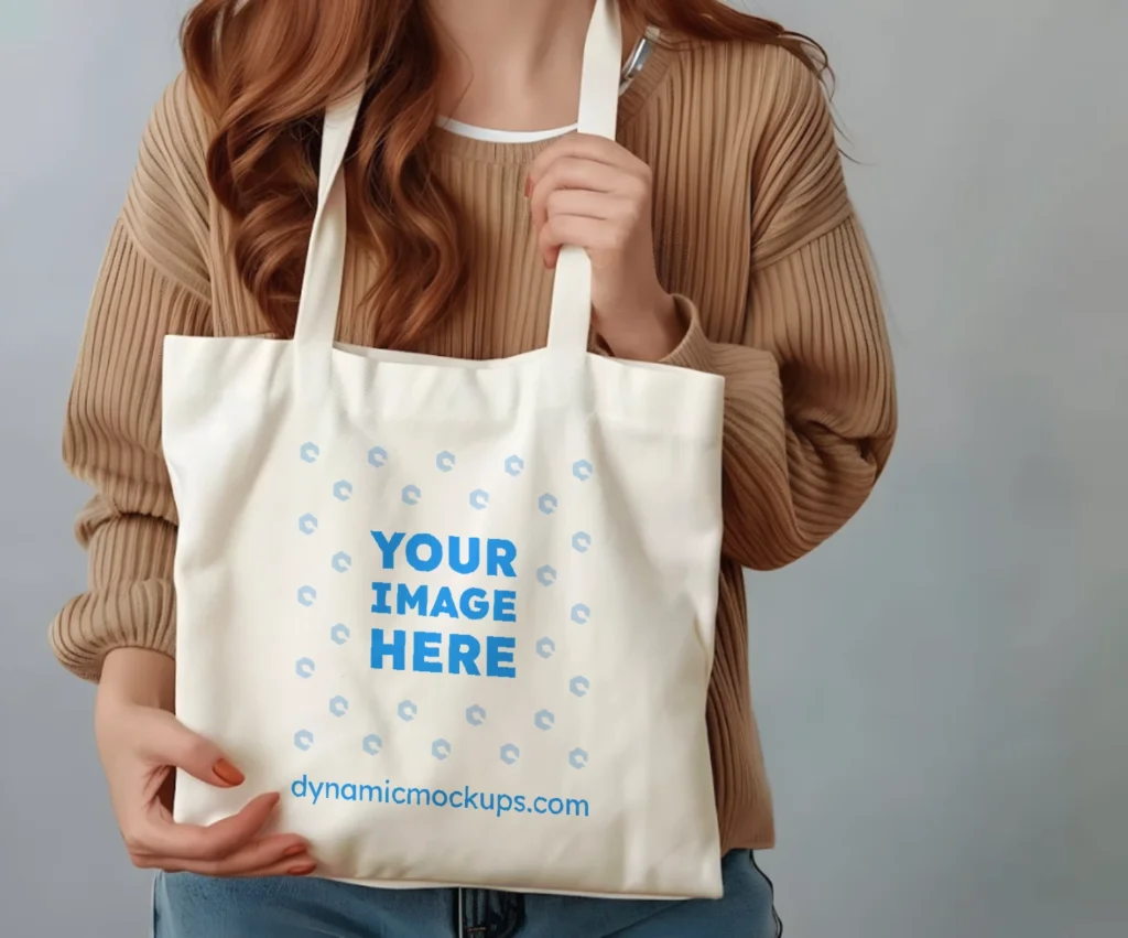 Woman Holding White Tote Bag Mockup Front View Template