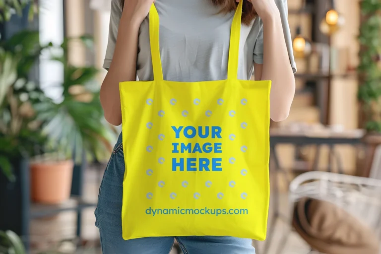 Woman Holding Yellow Tote Bag Mockup Front View Template