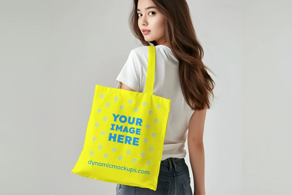 Woman Holding Yellow Tote Bag Mockup Back View Template