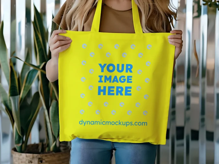 Woman Holding Yellow Tote Bag Mockup Front View Template