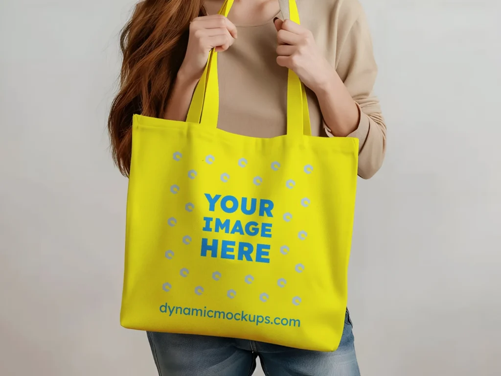 Woman Holding Yellow Tote Bag Mockup Front View Template