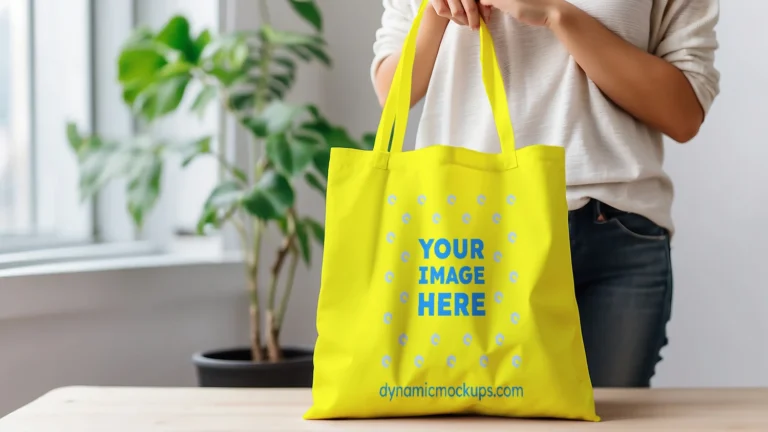 Woman Holding Yellow Tote Bag Mockup Front View Template