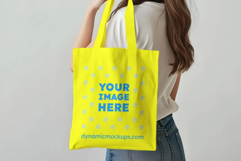 Woman Holding Yellow Tote Bag Mockup Side View Template