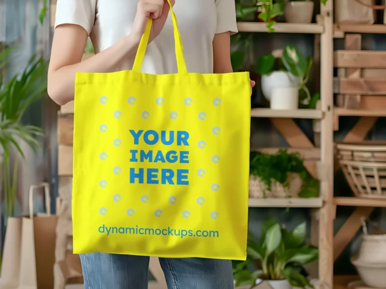 Woman Holding Yellow Tote Bag Mockup Front View Template