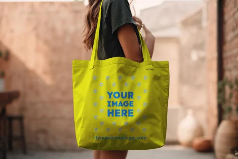 Woman Holding Yellow Tote Bag Mockup Side View Template