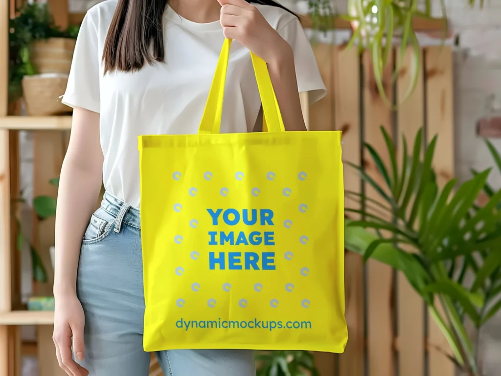 Woman Holding Yellow Tote Bag Mockup Front View Template