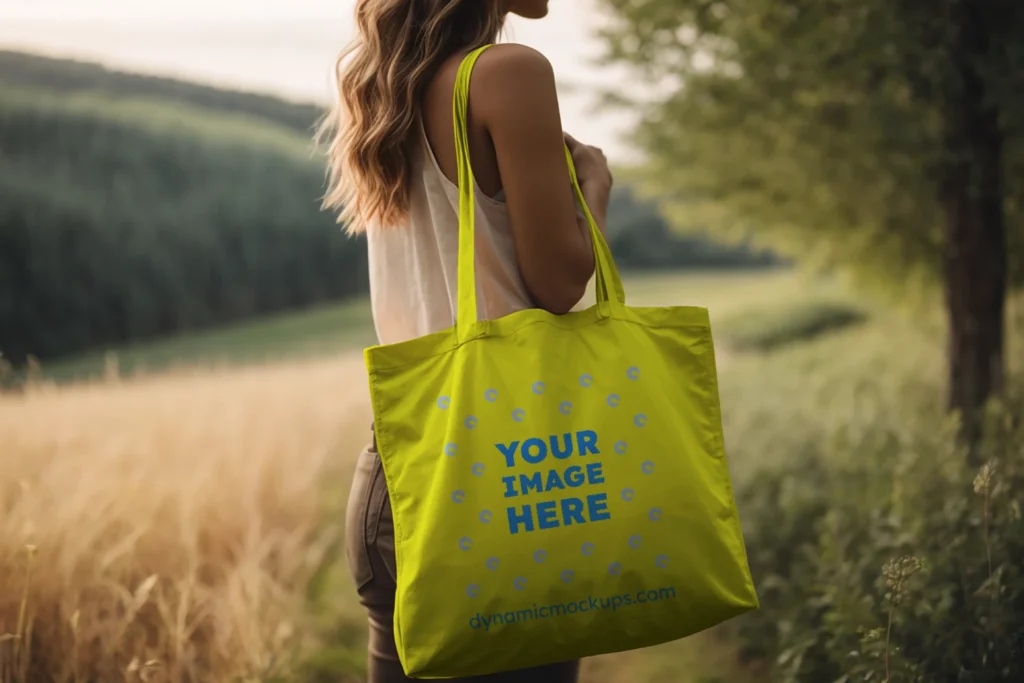 Woman Holding Yellow Tote Bag Mockup Side View Template