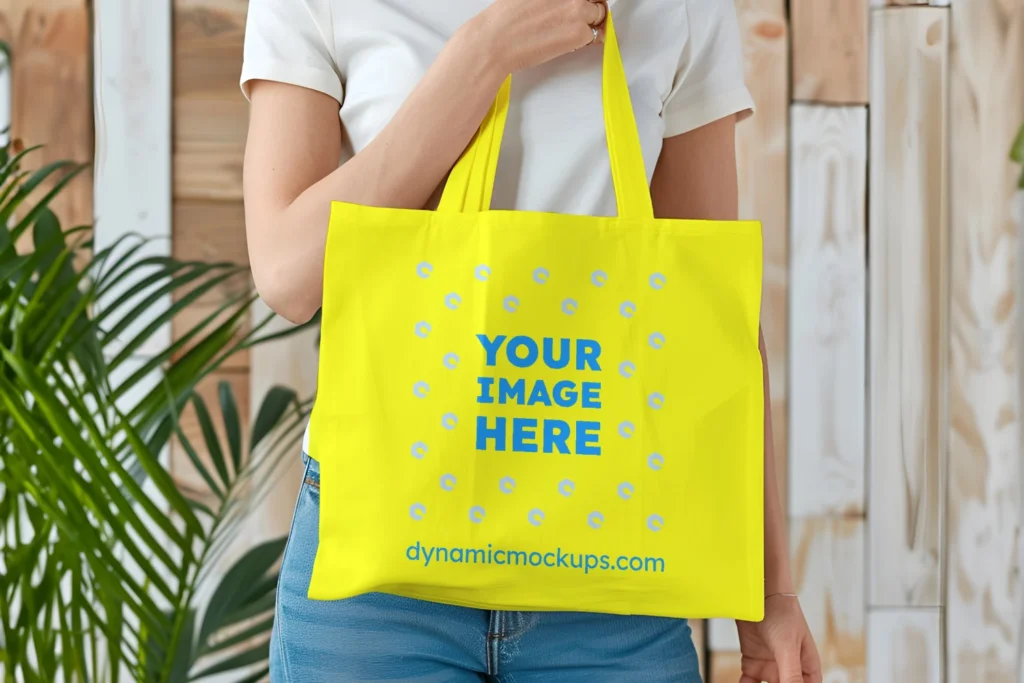 Woman Holding Yellow Tote Bag Mockup Front View Template