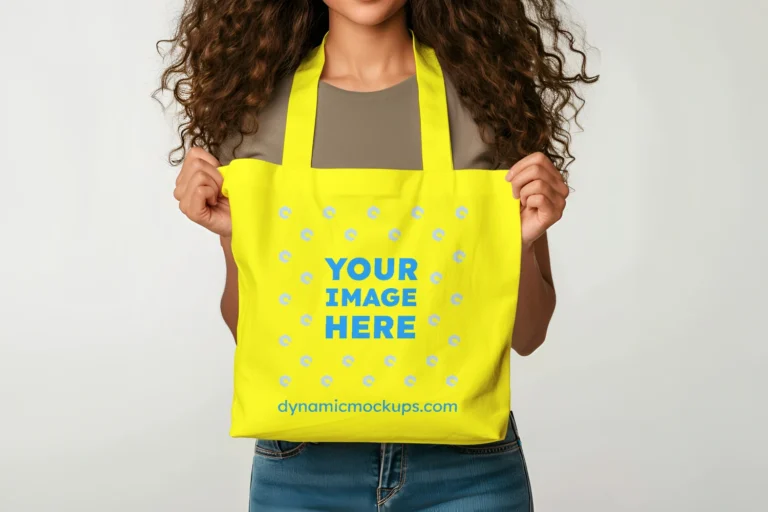 Woman Holding Yellow Tote Bag Mockup Front View Template