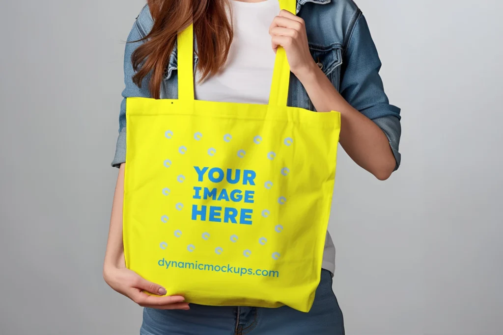 Woman Holding Yellow Tote Bag Mockup Front View Template