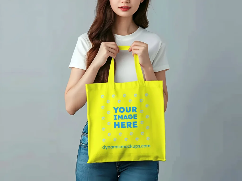 Woman Holding Yellow Tote Bag Mockup Front View Template