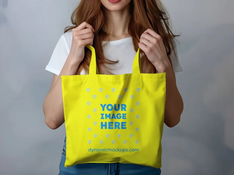 Woman Holding Yellow Tote Bag Mockup Front View Template