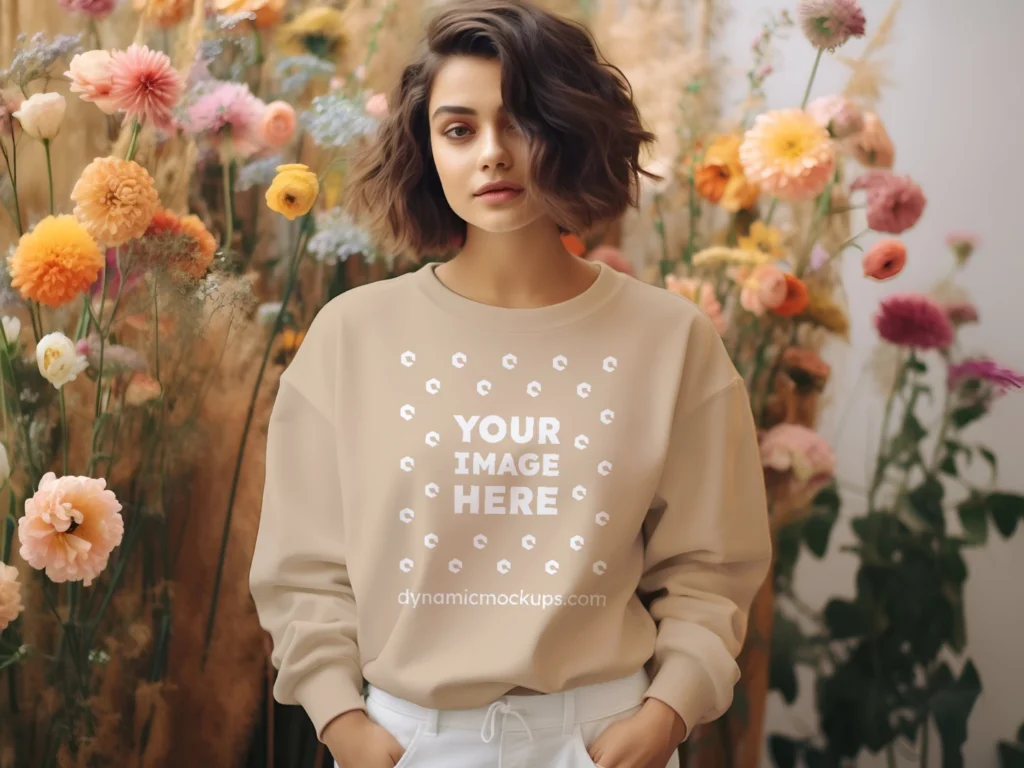 Woman Wearing Beige Sweatshirt Mockup Front View Template