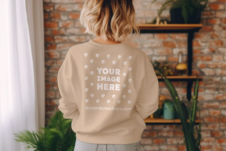 Woman Wearing Beige Sweatshirt Mockup Back View Template