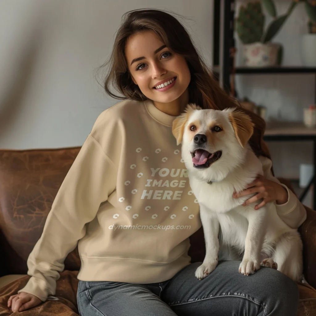 Woman Wearing Beige Sweatshirt Mockup Front View Template