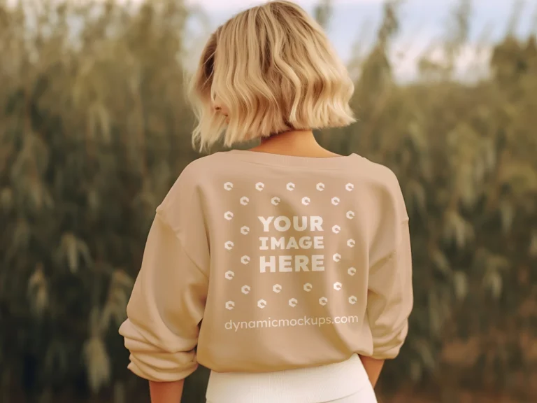 Woman Wearing Beige Sweatshirt Mockup Back View Template