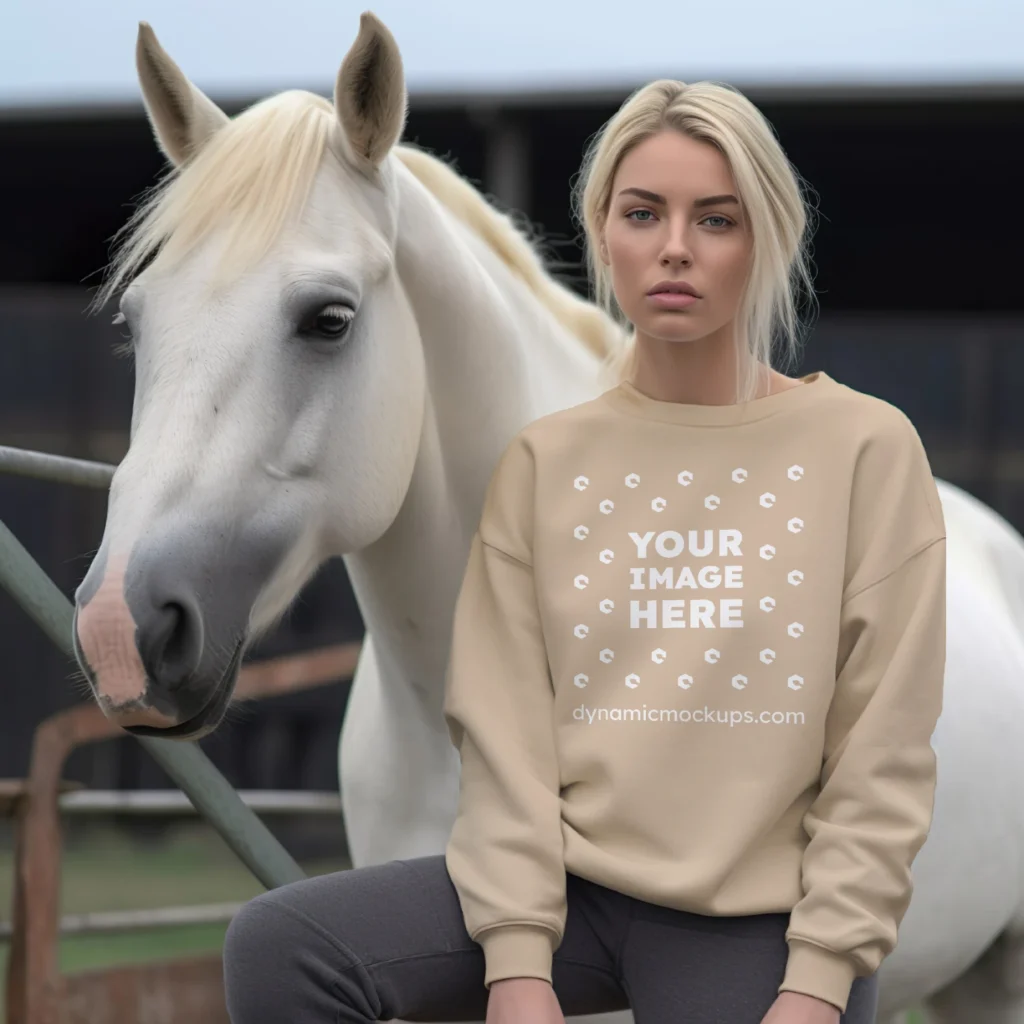 Woman Wearing Beige Sweatshirt Mockup Front View Template