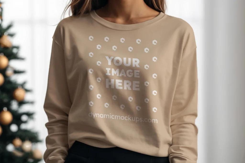 Woman Wearing Beige Sweatshirt Mockup Front View Template