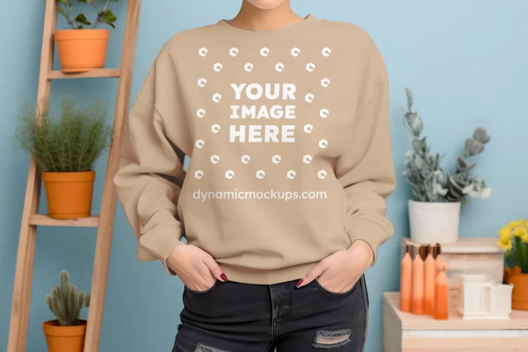 Woman Wearing Beige Sweatshirt Mockup Front View Template