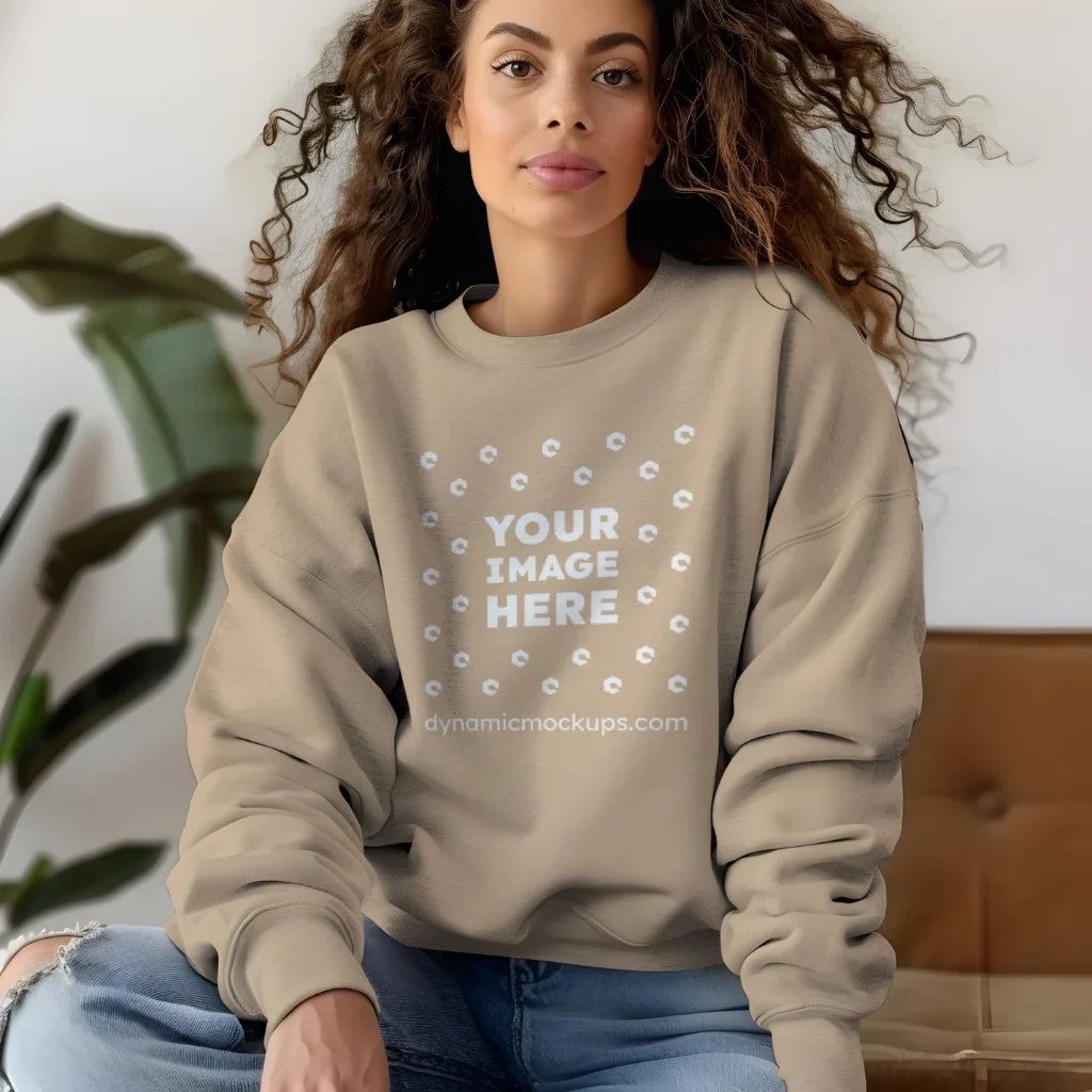 Woman Wearing Beige Sweatshirt Mockup Front View Template