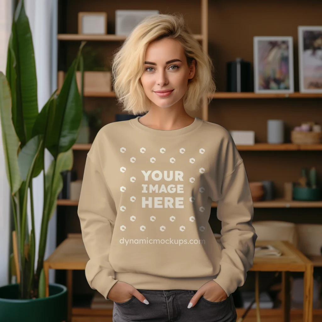 Woman Wearing Beige Sweatshirt Mockup Front View Template