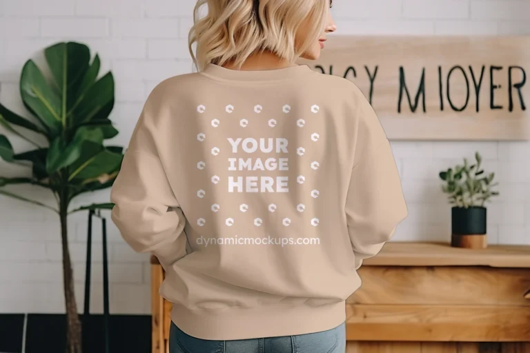 Woman Wearing Beige Sweatshirt Mockup Back View Template