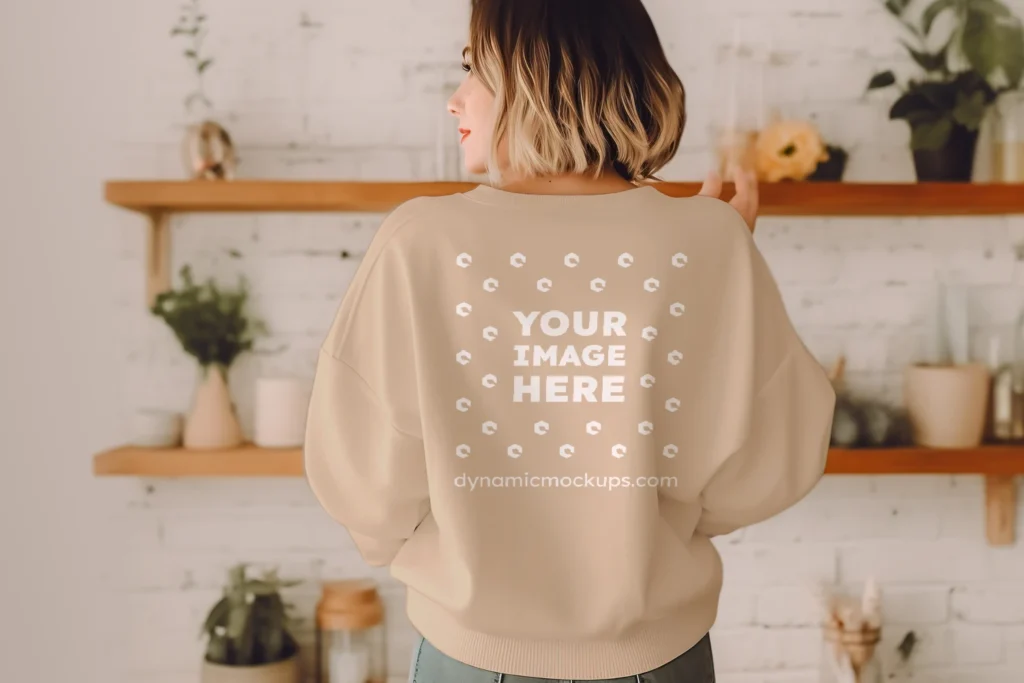 Woman Wearing Beige Sweatshirt Mockup Back View Template