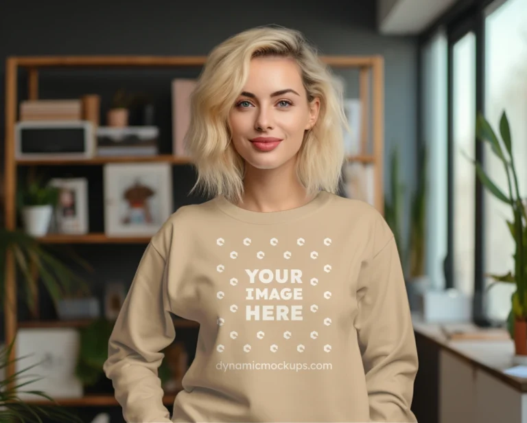 Woman Wearing Beige Sweatshirt Mockup Front View Template