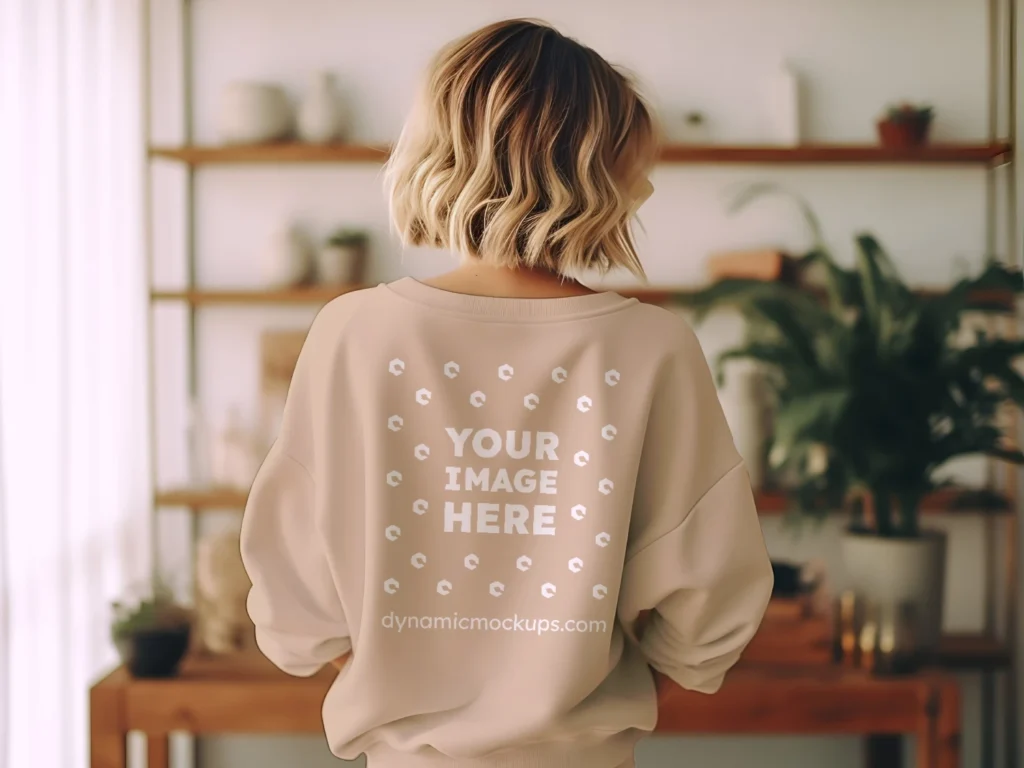 Woman Wearing Beige Sweatshirt Mockup Back View Template