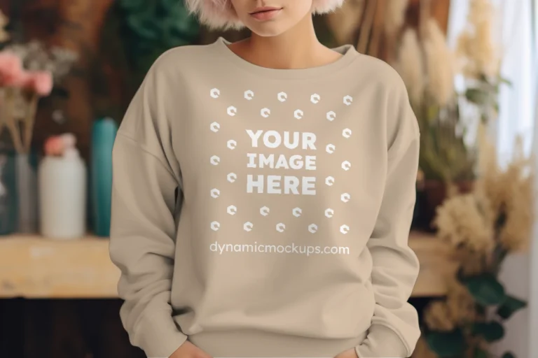 Woman Wearing Beige Sweatshirt Mockup Front View Template