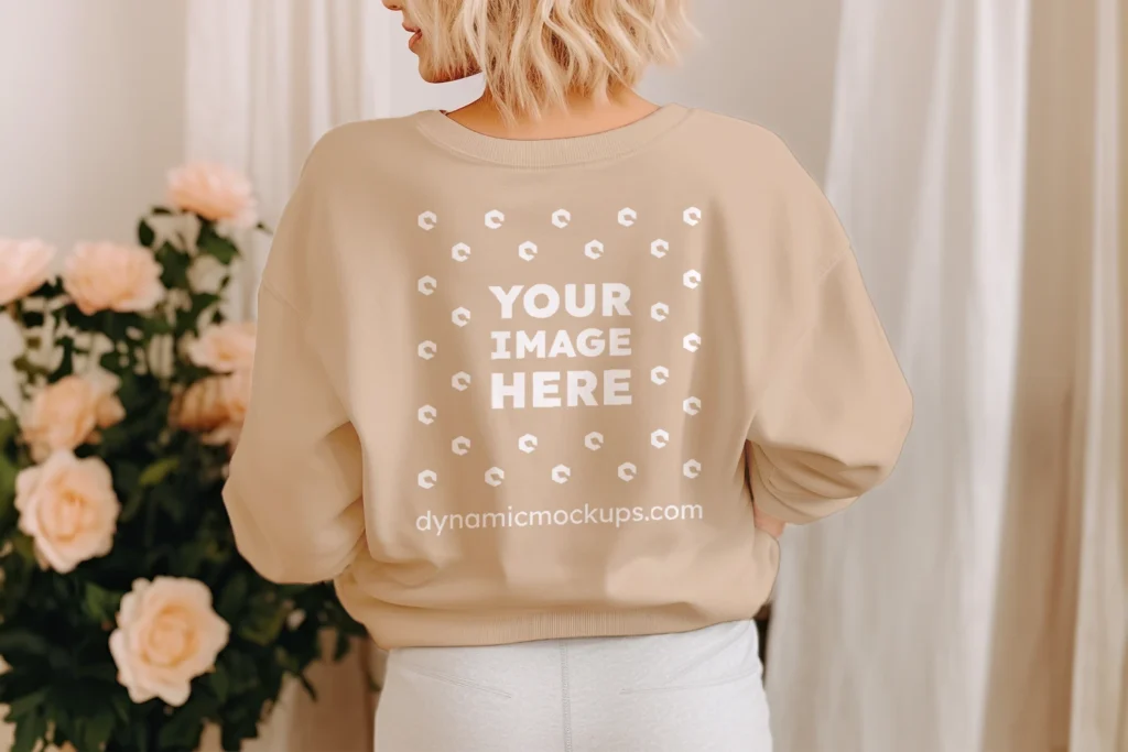 Woman Wearing Beige Sweatshirt Mockup Back View Template