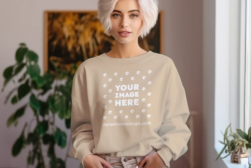 Woman Wearing Beige Sweatshirt Mockup Front View Template